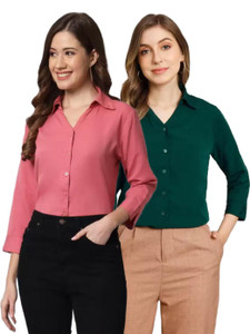 funday fashion women solid casual dark green pink shirt