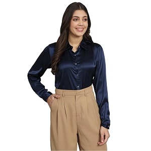 funday fashion women solid formal satin regular fit shirt in alpha m regular navy blue