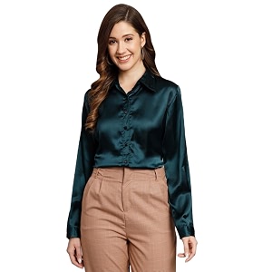 funday fashion women solid formal satin shirt medium dark green