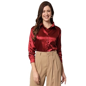 funday fashion women solid formal satin regular fit shirt