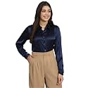FUNDAY FASHION Women Solid Formal Satin Regular Fit Shirt (in, Alpha, M, Regular, Navy Blue)