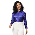 FUNDAY FASHION Women Solid Formal Satin Regular Fit Shirt (in, Alpha, M, Regular, Royal Blue)