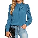 Funlingo Women Puff Long Sleeve Shirts Mock Neck Tops Dressy Casual Blouses