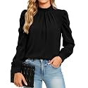 Funlingo Women Puff Long Sleeve Shirts Mock Neck Tops Dressy Casual Blouses