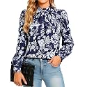 Funlingo Women Puff Long Sleeve Shirts Mock Neck Tops Dressy Casual Blouses