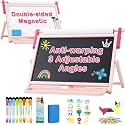 FUNLIO Double-Sided Tabletop Easel for Kids Ages 3+ (100+ Pcs), Wooden Magnetic Table Easel with 3 Adjustable Angles, Kids Easel with Whiteboard, Chalkboard & Paper Roll, Foldable&Anti-Warping - Pink