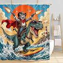 Funny Cowboy Cat Riding Dinosaur Shower Curtain, Ocean Waves Bath Curtain