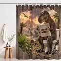 Funny Dinosaur Shower Curtain with Hook, Rustic Novelty Animal Bath Curtain
