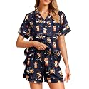 Funny Pajamas for Women Set Print Satin Loungewear Pjs Short Sleeve Button Down Top and Shorts Sets Sleepwear XS-3XL