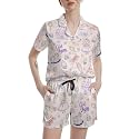 Funny Pajamas for Women Set Print Satin Loungewear Pjs Short Sleeve Button Down Top and Shorts Sets Sleepwear XS-3XL