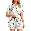 Funny Pajamas for Women Set Print Satin Loungewear Pjs Short Sleeve Button Down Top and Shorts Sets Sleepwear XS-3XL