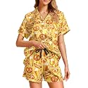 Funny Pajamas for Women Set Print Satin Loungewear Pjs Short Sleeve Button Down Top and Shorts Sets Sleepwear XS-3XL