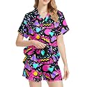 Funny Pajamas for Women Set Print Satin Loungewear Pjs Short Sleeve Button Down Top and Shorts Sets Sleepwear XS-3XL