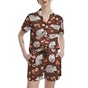 Funny Pajamas for Women Set Print Satin Loungewear Pjs Short Sleeve Button Down Top and Shorts Sets Sleepwear XS-3XL