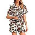 Funny Pajamas for Women Set Print Satin Loungewear Pjs Short Sleeve Button Down Top and Shorts Sets Sleepwear XS-3XL