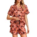 Funny Pajamas for Women Set Print Satin Loungewear Pjs Short Sleeve Button Down Top and Shorts Sets Sleepwear XS-3XL