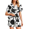 Funny Pajamas for Women Set Print Satin Loungewear Pjs Short Sleeve Button Down Top and Shorts Sets Sleepwear XS-3XL