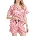 Funny Pajamas for Women Set Print Satin Loungewear Pjs Short Sleeve Button Down Top and Shorts Sets Sleepwear XS-3XL