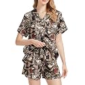 Funny Pajamas for Women Set Print Satin Loungewear Pjs Short Sleeve Button Down Top and Shorts Sets Sleepwear XS-3XL