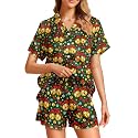 Funny Pajamas for Women Set Print Satin Loungewear Pjs Short Sleeve Button Down Top and Shorts Sets Sleepwear XS-3XL