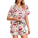 Funny Pajamas for Women Set Print Satin Loungewear Pjs Short Sleeve Button Down Top and Shorts Sets Sleepwear XS-3XL