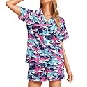 Funny Pajamas for Women Set Print Satin Loungewear Pjs Short Sleeve Button Down Top and Shorts Sets Sleepwear XS-3XL