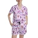 Funny Pajamas for Women Set Print Satin Loungewear Pjs Short Sleeve Button Down Top and Shorts Sets Sleepwear XS-3XL