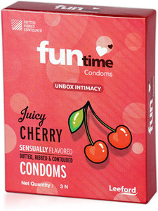 funtime dotted ribbed  contoured juicy cherry flavored condom  3n each condom 3 sheets