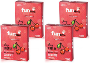 funtime juicy cherry flavoured dotted condoms  ribbed  lubricated for extra pleasure condom set of 4 12 sheets