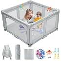 FUNYKICH 50”×50” Foldable Baby Playpen with Soft Mat, Portable Playpen for Babies and Toddlers with Visible Mesh, Baby Play Yard with 50 Ocean Ball + 4 Handles + 1 Basket, Grey