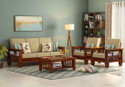 FURINNO Sheesham Wood 5seater sofa set with cushion for livingroom/Home/Hotel Fabric 3 + 1 + 1 Sofa Set
