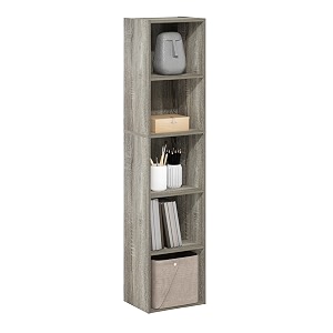furinno pasir book shelf 5-tier tall narrow bookshelf open shelves bookcase 9 x 12 x 52 easy assembly for living room bedroom home office french oak