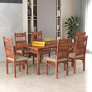 solid sheesham wood traditional dining table 6 seater wooden six seater dinning table with 6 chairs for home chairs with cushion dining room sets for restaurants natural finish