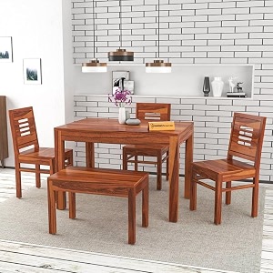 solid sheesham wood dining room sets 4 seater dining table with 3 chairs amp 1 bench for dining room living room kitchen hotel restaurant cafeteria standard honey finish honey