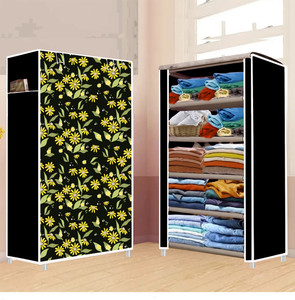 furnigully 5 shelf foldable collapsible wardrobe storage organizer almirah cloth rack pp collapsible wardrobe finish color - daisy floral black -26 diydo-it-yourself