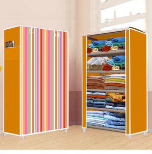 furnigully 5 shelf foldable collapsible wardrobe storage organizer almirah cloth rack pp collapsible wardrobe finish color - orange -8 diydo-it-yourself