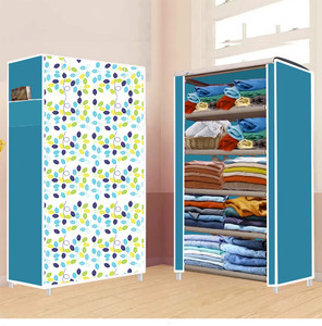 furnigully 5 shelf foldable collapsible wardrobe storage organizer almirah cloth rack pp collapsible wardrobe finish color - colorful leaves blue -30 diydo-it-yourself