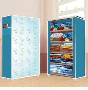 furnigully 5 shelf foldable collapsible wardrobe storage organizer almirah cloth rack pp collapsible wardrobe finish color - sky blue-7 diydo-it-yourself