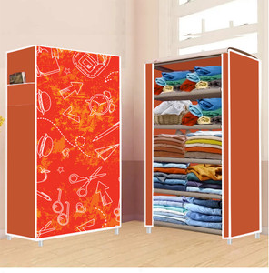 furnigully 5 shelf foldable collapsible wardrobe storage organizer almirah cloth rack pp collapsible wardrobe finish color - school pattern orange -29 diydo-it-yourself