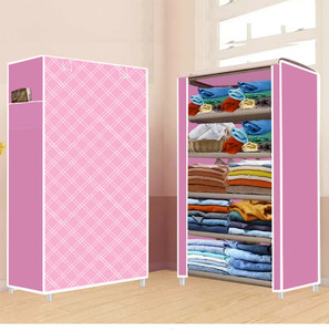 furnigully 5 shelf foldable collapsible wardrobe storage organizer almirah cloth rack pp collapsible wardrobe finish color - pink diagonal -28 diydo-it-yourself