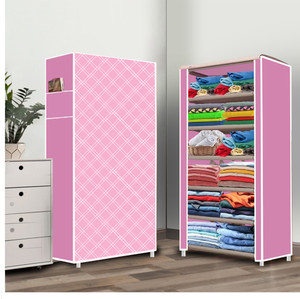 furnigully 6 shelf foldable collapsible wardrobe storage organizer almirah cloth rack pp collapsible wardrobe finish color - pink diagonal 28 diydo-it-yourself