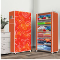 FurniGully 6 Shelf Foldable Collapsible Wardrobe Storage Organizer Almirah Cloth Rack PP Collapsible Wardrobe (Finish Color - School Pattern Orange (29), DIY(Do-It-Yourself))