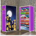 FurniGully 6 Shelf Foldable Collapsible Wardrobe Storage Organizer Almirah Cloth Rack PP Collapsible Wardrobe (Finish Color - Town Building Purple (37), DIY(Do-It-Yourself))