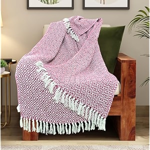 reversible pink argyle pattern 78x60 inch woven cotton throw  blanket living room bedroom sofa couch bed amp chair - pink amp white size 200x150 cm