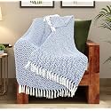 Reversible Blue Argyle Pattern 78X60 Inch Woven Cotton Throw | Blanket Living Room, Bedroom, Sofa, Couch, Bed &amp; Chair - Blue &amp; White, Size 200X150 Cm