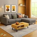 FURNY Premium Revona 4 Seater Fabric L Shape Sofa Set, 3 Seater Sofa with Ottoman (Light Grey Color)