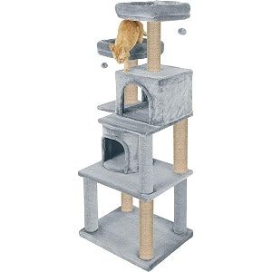 fur fabric multistory kitten cat tree - condos  perches  hanging balls  jute ropescratching posts 22 x 18 x 57 inches grey - furr-55