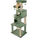 Fur Fabric Multistory Kitten Cat Tree - Condos | Perches | Hanging Balls | Jute RopeScratching Posts (22 x 18 x 57 Inches) (Green - FURR-55)