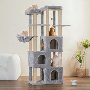 multilevel fur fabric cat tree - multiple condos  hanging ball  cat house  jute rope scratching posts  for adult cats amp kittens 28 x 19 x 66 inches grey - furr-89