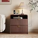 FURSUN 24" Fluted Nightstand with Charging Station, Wooden End Table with 2 Drawers Storage, Curved Profile Design, Modern Bedside Cabinet for Bedroom, Walnut